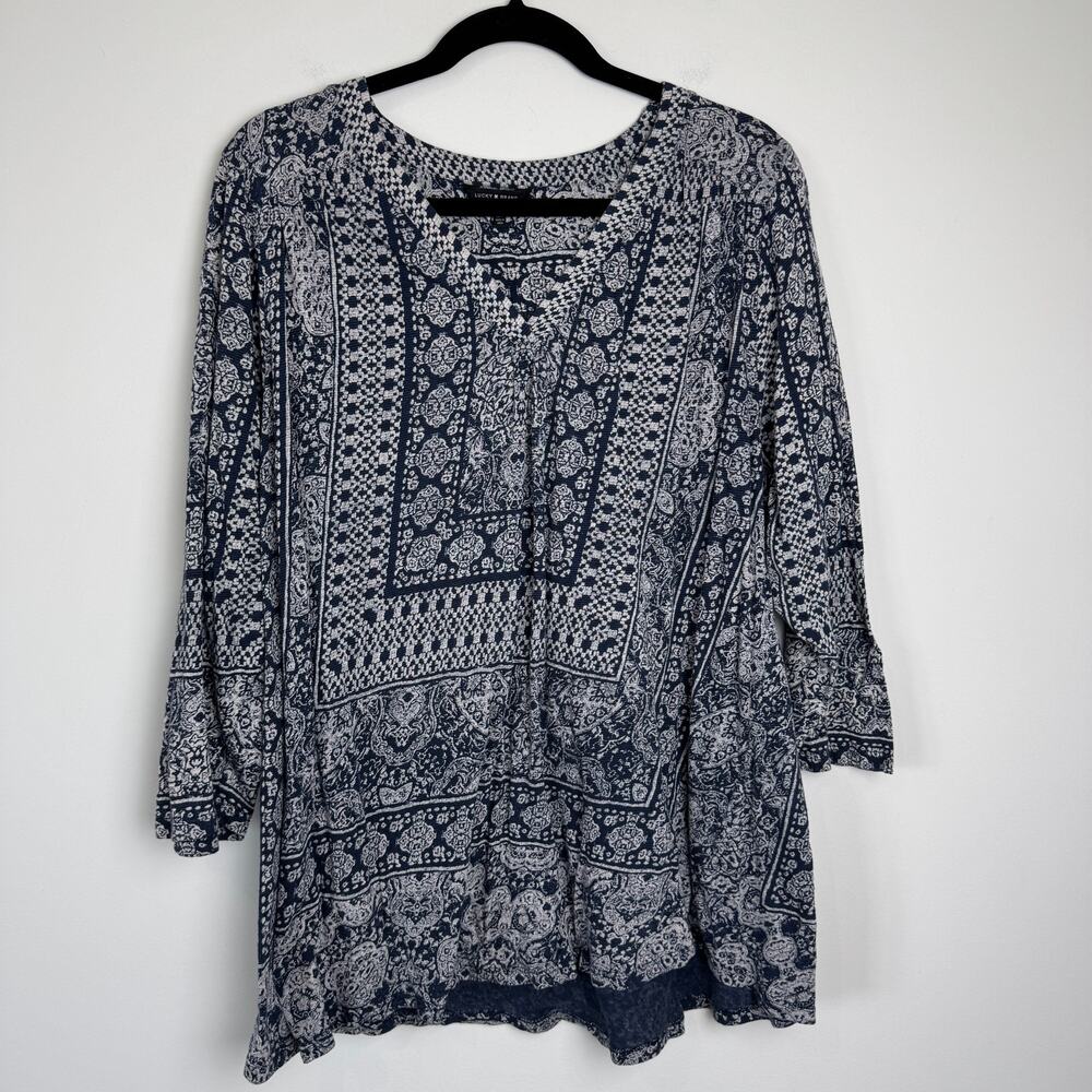Lucky Brand Women's V-neck Bohemian Long Sleeve Navy Blue Tunic Top Size 2X
